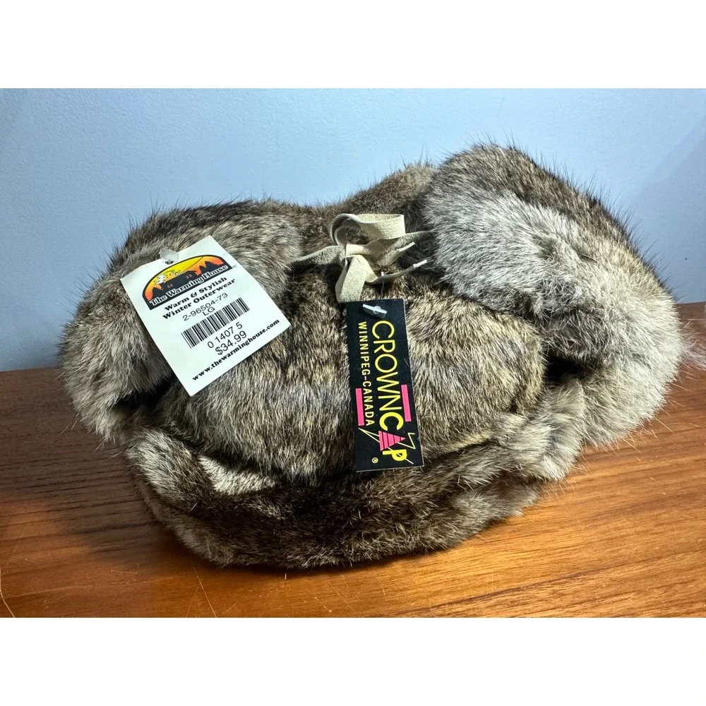 Crowncap Rabbit Fur Trapper Hat Mens Large Brown Grey Aviator Ushanka NWT